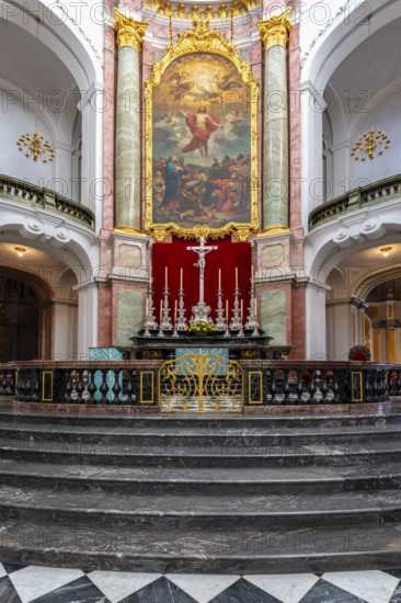 Interior view of St Trinitatis Cathedral, altar, nave, Dresden, Free State of Saxony, Germany,
