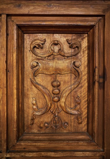 Alhambra Carlos V wooden door detail in Granada of spain
