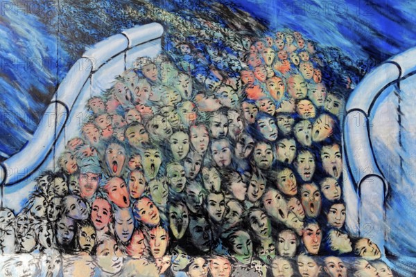 A multitude of surreal painted faces crowd together, surrounded by blue and bright colours,
