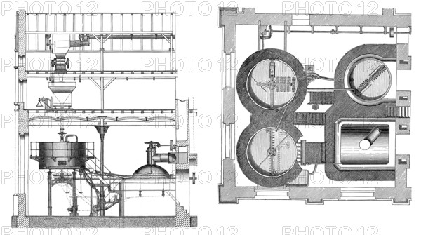 Historic illustration, 19th century, Brewhouse, brewing kettle, Mash-tub, historische Zeichnung, 19