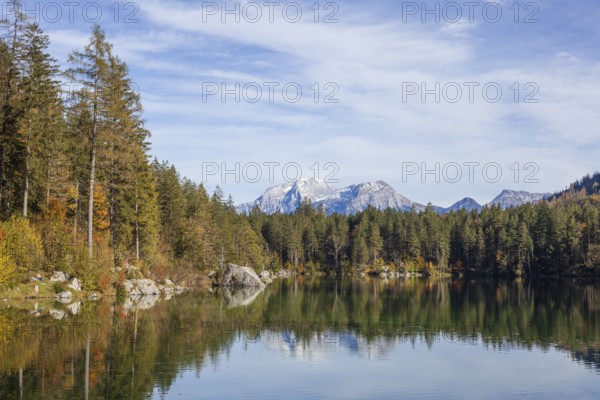 Mountain massif Hoher Göll with forest at Hintersee in autumn, Ramsau, Berchtesgaden,