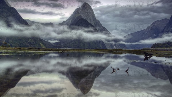Milford Sound, fog, reflection, lake, South Island, mountains, New Zealand, Milford Sound, South