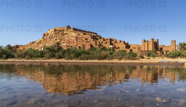 Ait Benhaddou, Morocco, 14 March, 2024: panorama landscape of Ait Benhaddou village with