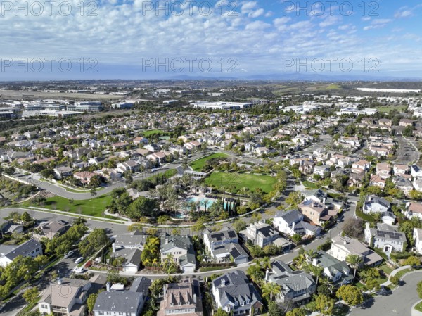 Aerial view of large-scale villa in wealthy residential town of Carlsbad, South California, USA.
