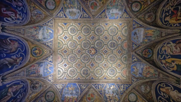 Geometric ceiling design with intricate frescoes and a dominant blue theme, Rome, Lazio, Italy,