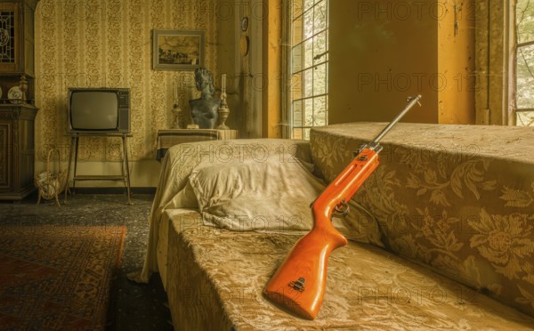A nostalgic bedroom with a retro TV and a rifle on the sofa, Maison Limmi, Lost Place, Kalken,