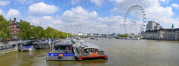 Panorama of Westminster Millennium Pier on the north bank of the River Thames with London Eye at