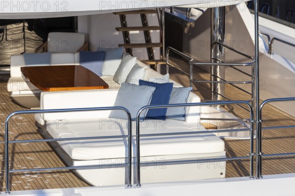 Luxury yacht. Comfortable expensive wooden design and furniture for holiday recreation tourism or