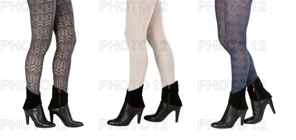 A collage made up of three pairs of female legs in pantyhose and boots isolated on a white