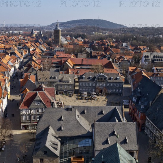 City panorama from the market church above the roofs of the old town of Goslar with a view of the