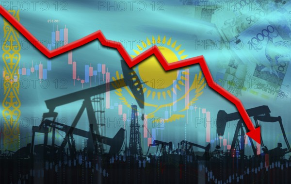 Petrol crisis with Kazakhstan flag on financial graph. Fall oil price with flag of Kazakhstan on