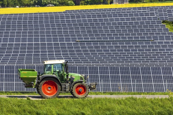 Agricultural land is used as a solar field. Tractor. Nellingen in the Swabian Alb. Nellingen,
