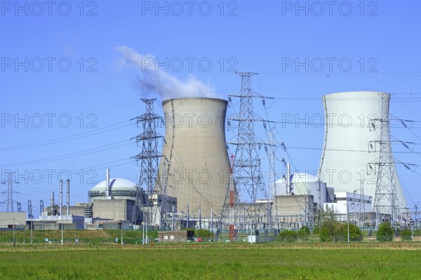 Cooling towers of the Doel Nuclear Power Station, nuclear power plant and high-voltage electricity