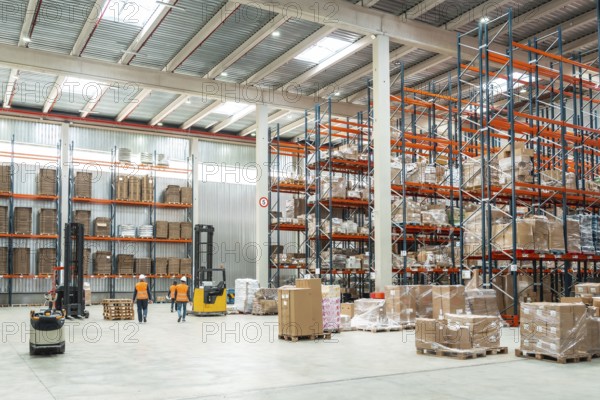 Warehouse workers are managing logistics, operating forklifts, and organizing packages on shelves