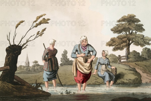Scene from everyday life in England around 1810, leech seeker in the water, historical, digitally