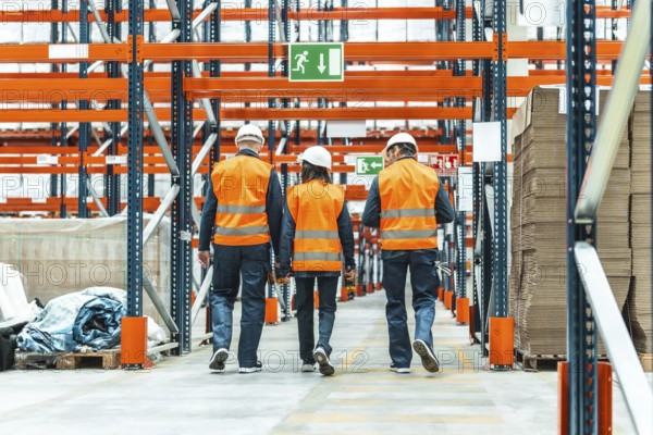 Warehouse workers wearing high visibility vests and hard hats are walking through a logistics