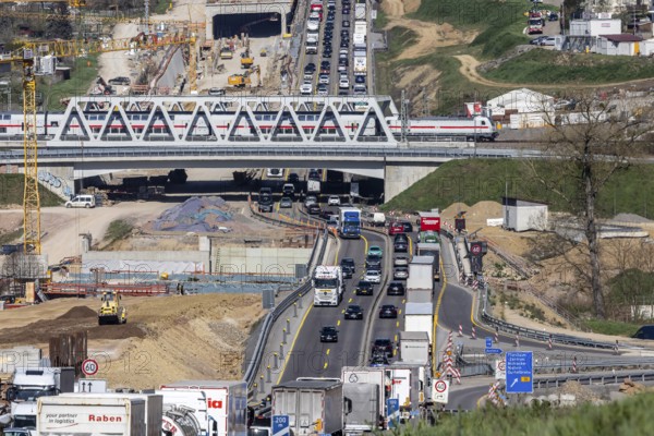 Six-lane widening of the A8 motorway near Pforzheim. Enztal crossing construction site with heavy