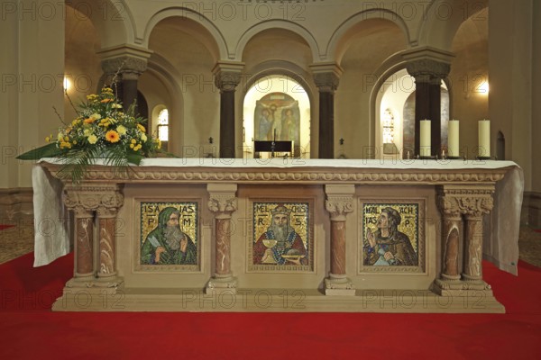 Decorated altar with mosaic of saints, saint, figures, Malachy, interior view, arts and crafts,