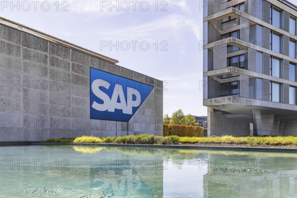 Logo and building of the listed software company SAP, headquarters. Walldorf, Baden-Württemberg,