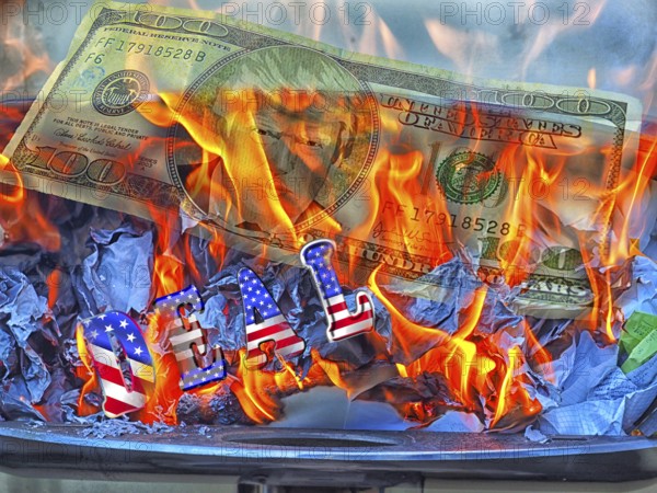 Symbolic image, Donald Trump on 100-dollar note burns in fire, Wall Street and Dax crash, President