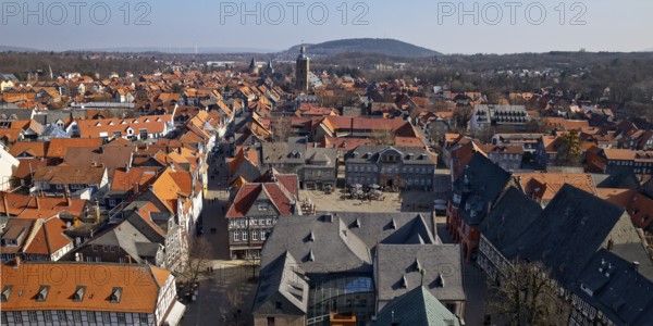 City panorama from the market church above the roofs of the old town of Goslar with a view of the