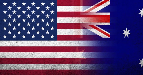 United States of America (USA) national flag with National flag of Australia. Grunge background