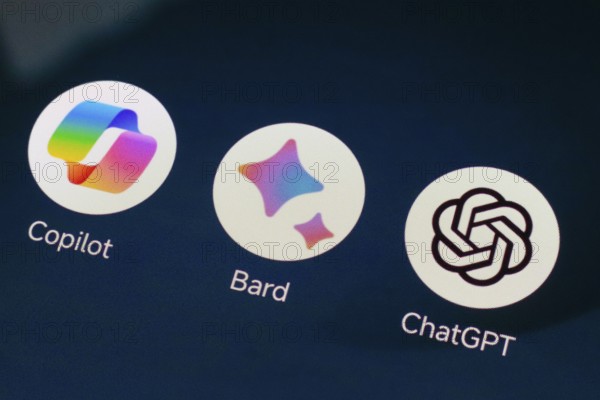 In this photo illustration, the app logo Google Bard, Microsoft Copilot and ChatGPT (OpenAI) is