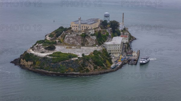 Aerial view of United States Penitentiary, Alcatraz Island, shows a historic maximum-security