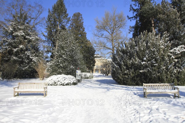 Snow-covered palace garden of Hohenheim Palace, University of Hohenheim, Stuttgart,