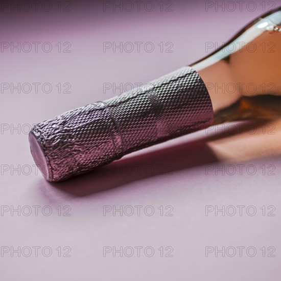 Bottle of rose champagne wine in minimal composition on pink background with copy space. Natural