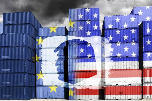 Stacked containers with European and US flags and silhouette of Donald Trump, symbolic photo trade