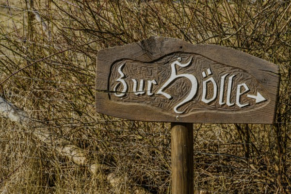 A rustic wooden sign with the inscription 'Zur Hölle' stands at the edge of a thicket, Höllbachtal,