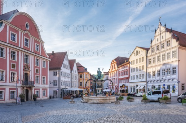Market square with Willibald's Fountain with statue of missionary and Bishop Willibald, Eichstätt,