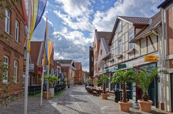 Buildings and shops in Lange Straße in the historic old town centre of Nienburg an der Weser.