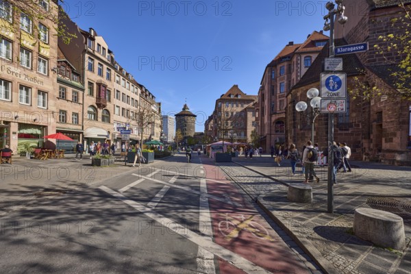 Frauentorturm, pedestrian zone, alleyway, historical buildings, round tower, blue sky, cloudless,