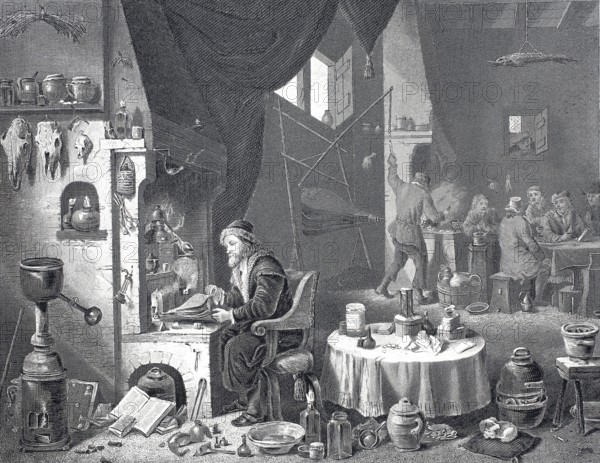 The chemist in his experimental laboratory, steel engraving after a painting by David Teniers,