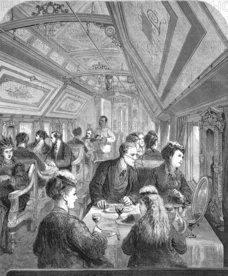 Distinguished people in a dining room in a carriage of the Pacific - Railway in America, Railway,