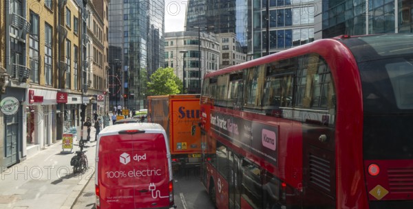 View from double decker bus window of traffic congestion, Wormwood Street, City of London, London,