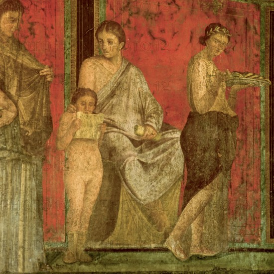 Frescoes, Lecture of the Ritual of the Bridal Mysteries, in the Mystery Villa in Pompeii, Pompeii,