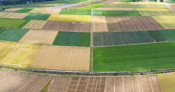 Agricultural area in the Neckarbogen near Lauffen am Neckar. Regional railway on the way. Lauffen