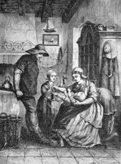 A fishing family with two children in their kitchen in Scheveningen in Holland, Historical,
