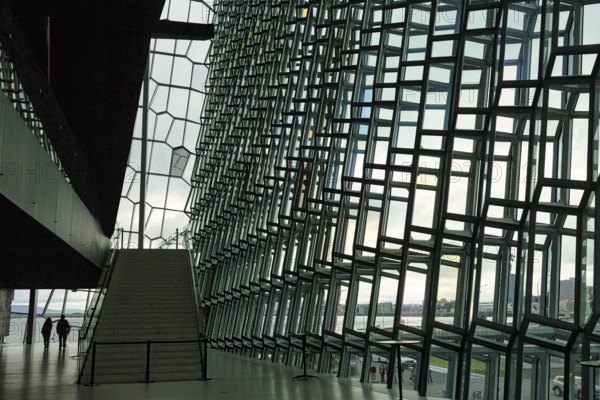 Harpa Concert Hall, interior view with staircase and glass façade, architect Henning Larsen, façade
