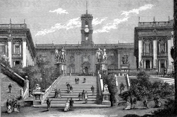 The Capitol Square, Piazza del Campidoglio, c. 1800, Rome, Italy, Historical, digitally restored