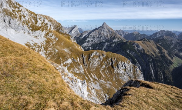 Mountain panorama with picturesque mountain landscape, descent from the Gamsjoch, behind mountain