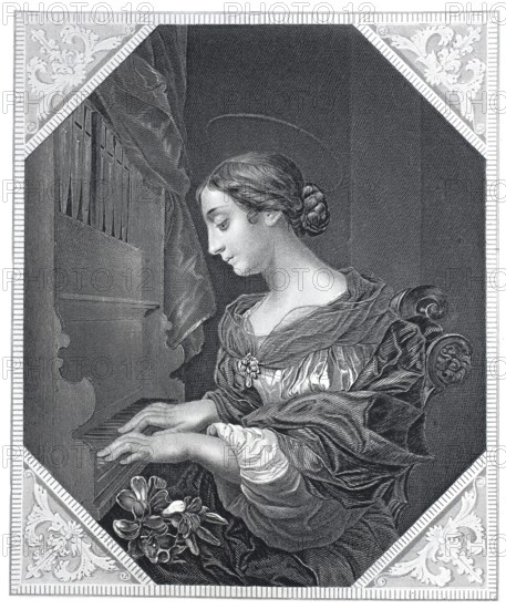 St Cecilia playing the organ, steel engraving after a painting by Carlo Dolci, historical,