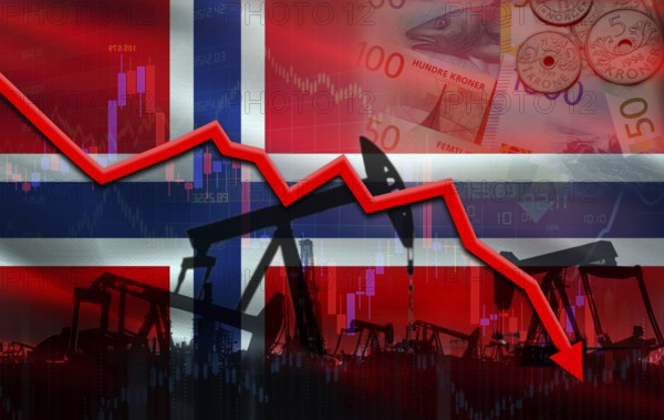 Petrol crisis with Norway flag on financial graph. Fall oil price with flag of Norway on economic