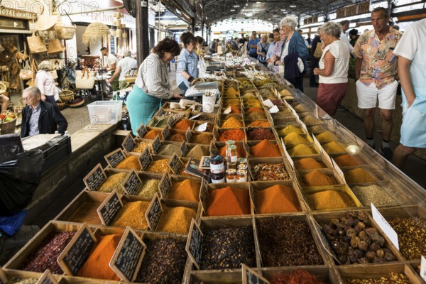 Market stall with spices, market hall, Marche Provencal, Antibes, Provence Alpes Côte d'Azur, South