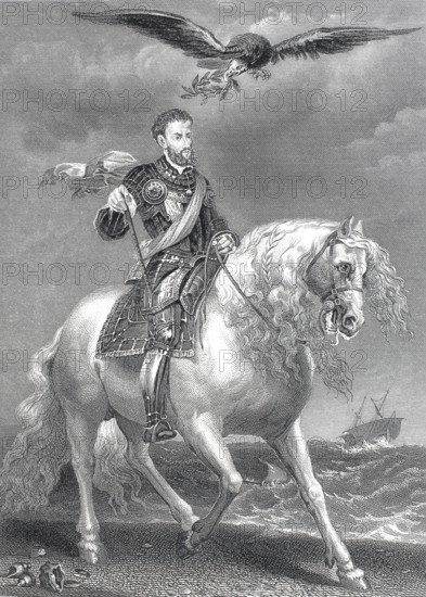 Equestrian portrait of Emperor Charles V on horseback, with an eagle hovering over the scene with a