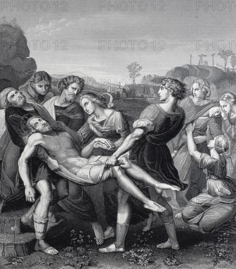 The Entombment of Christ, steel engraving after a painting by Raphael, historical, digitally