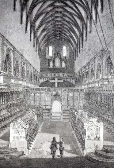 Interior, choir stalls, Maulbronn Abbey Church, 1870, Cistercian Abbey, Enzkreis,